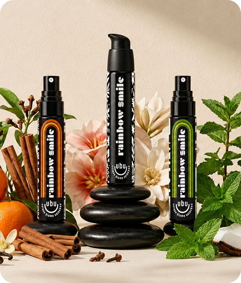 Rainbow Smile OG3 bottles with botanicals